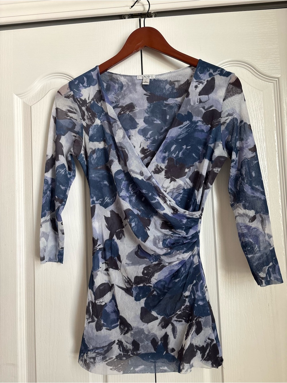 Cache Blue Floral Long-Sleeve Wrap-Style blouse